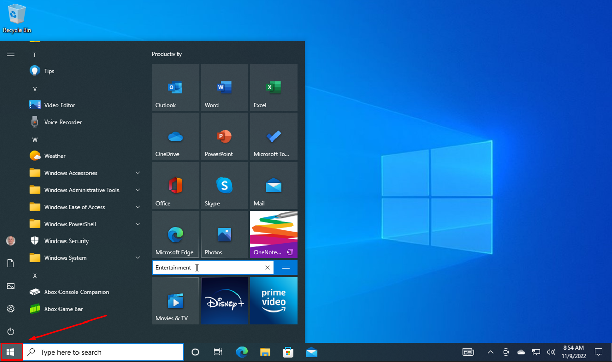 windows start menu
